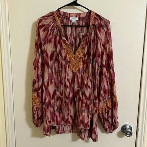 Sundance Boho Burgundy and Mustard Printed Peasant Blouse